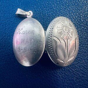 Vintage Sterling Silver Shell Locket CMC 1970s Hand Engraved Floral Design